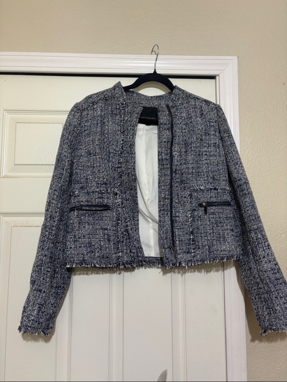 Banana Republic Navy Tweed Fringed Cropped Jacket